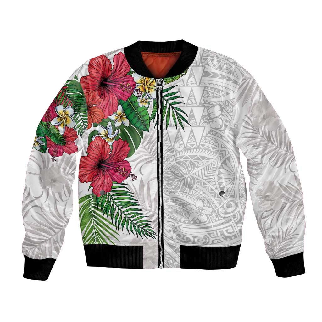 Hawaiian Tropical Plants Bomber Jacket Kakau Tattoo and Polynesian Pattern Half White Color