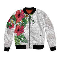 Hawaiian Tropical Plants Bomber Jacket Kakau Tattoo and Polynesian Pattern Half White Color