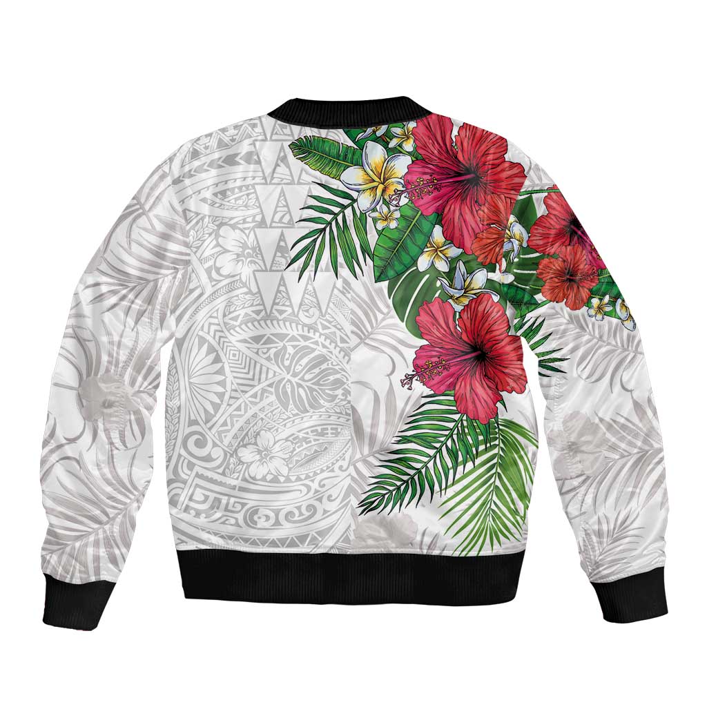 Hawaiian Tropical Plants Bomber Jacket Kakau Tattoo and Polynesian Pattern Half White Color