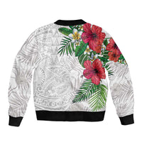 Hawaiian Tropical Plants Bomber Jacket Kakau Tattoo and Polynesian Pattern Half White Color