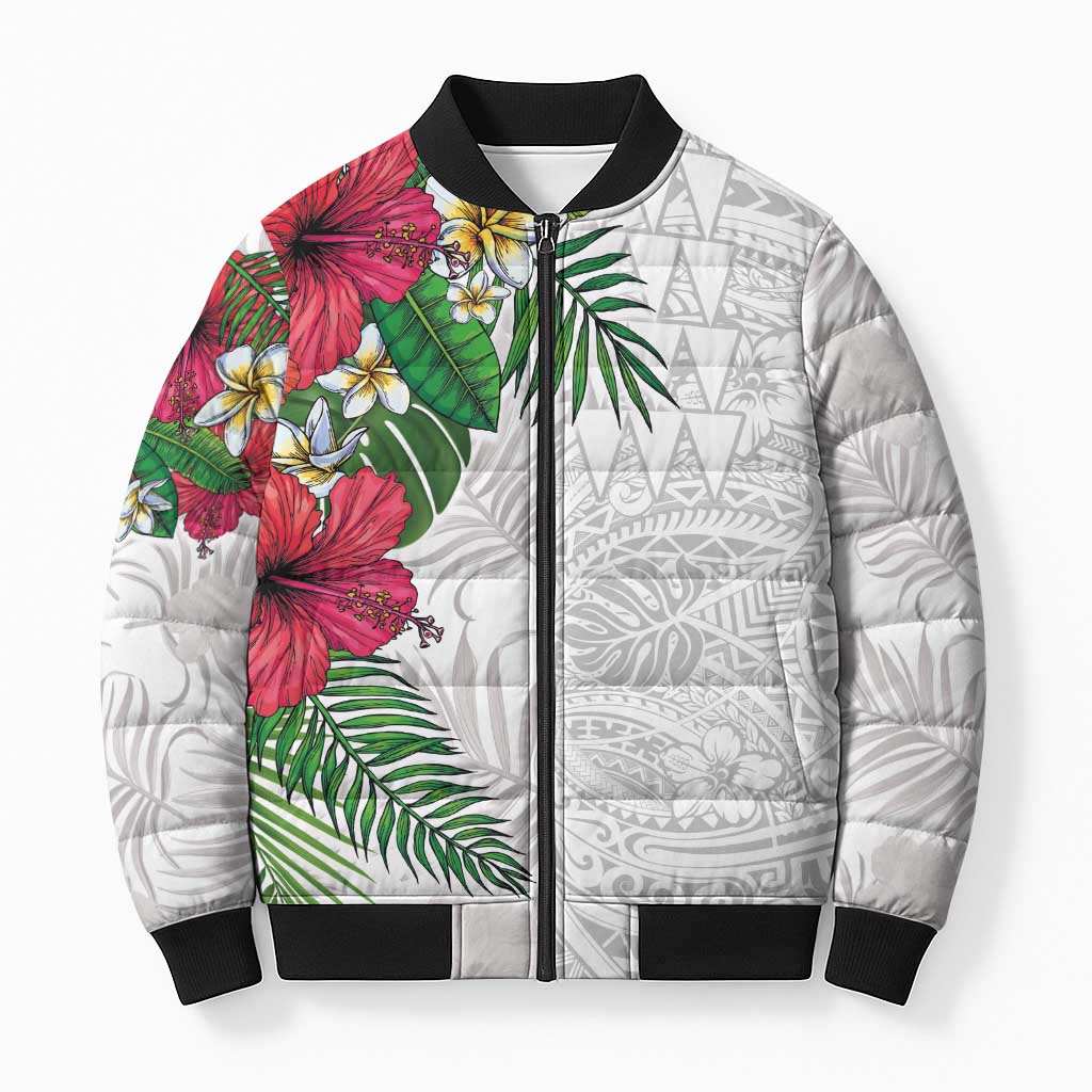 Hawaiian Tropical Plants Bomber Puffer Jacket Kakau Tattoo and Polynesian Pattern Half White Color