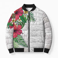 Hawaiian Tropical Plants Bomber Puffer Jacket Kakau Tattoo and Polynesian Pattern Half White Color