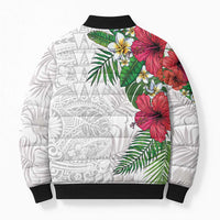 Hawaiian Tropical Plants Bomber Puffer Jacket Kakau Tattoo and Polynesian Pattern Half White Color