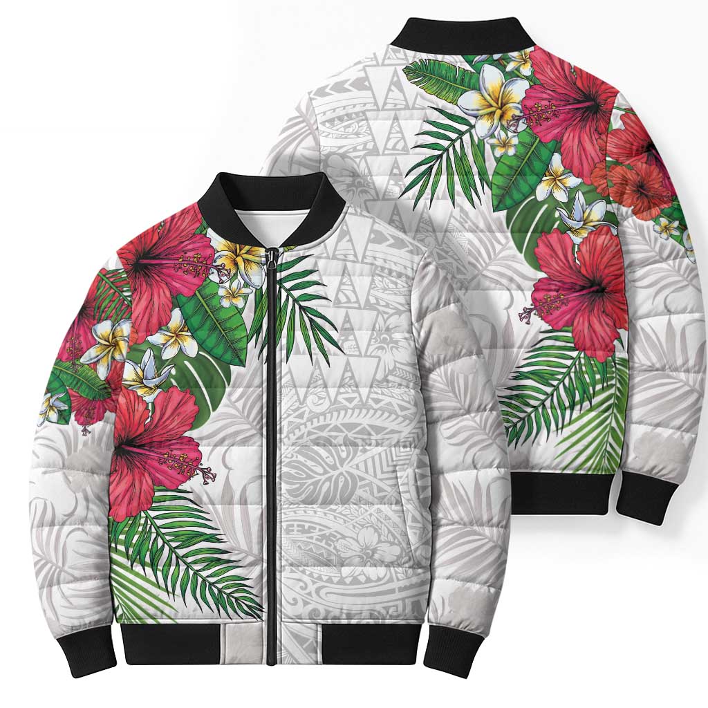 Hawaiian Tropical Plants Bomber Puffer Jacket Kakau Tattoo and Polynesian Pattern Half White Color