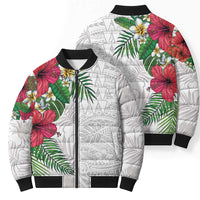 Hawaiian Tropical Plants Bomber Puffer Jacket Kakau Tattoo and Polynesian Pattern Half White Color