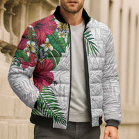 Hawaiian Tropical Plants Bomber Puffer Jacket Kakau Tattoo and Polynesian Pattern Half White Color