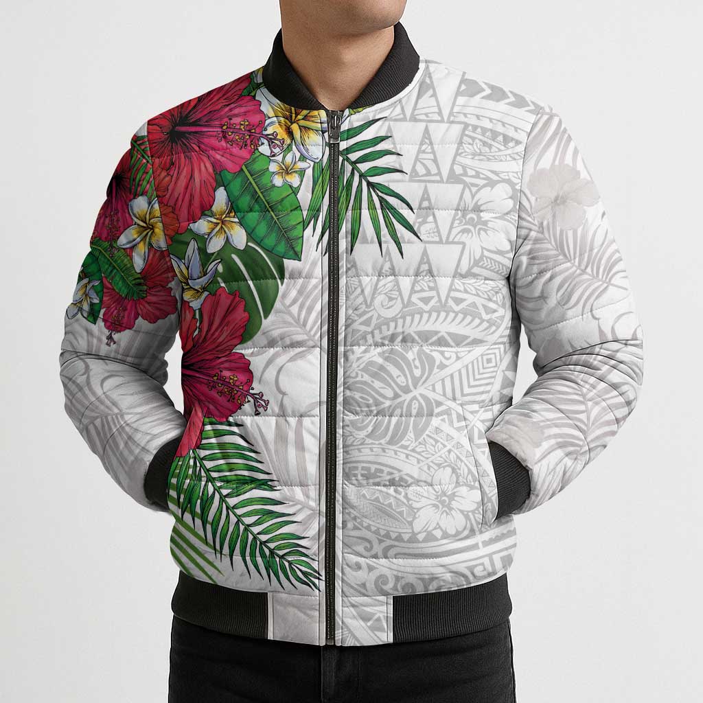 Hawaiian Tropical Plants Bomber Puffer Jacket Kakau Tattoo and Polynesian Pattern Half White Color