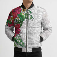Hawaiian Tropical Plants Bomber Puffer Jacket Kakau Tattoo and Polynesian Pattern Half White Color