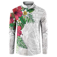 Hawaiian Tropical Plants Button Sweatshirt Kakau Tattoo and Polynesian Pattern Half White Color