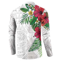 Hawaiian Tropical Plants Button Sweatshirt Kakau Tattoo and Polynesian Pattern Half White Color
