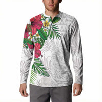 Hawaiian Tropical Plants Button Sweatshirt Kakau Tattoo and Polynesian Pattern Half White Color