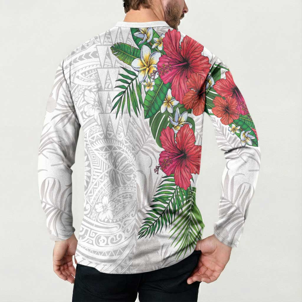 Hawaiian Tropical Plants Button Sweatshirt Kakau Tattoo and Polynesian Pattern Half White Color