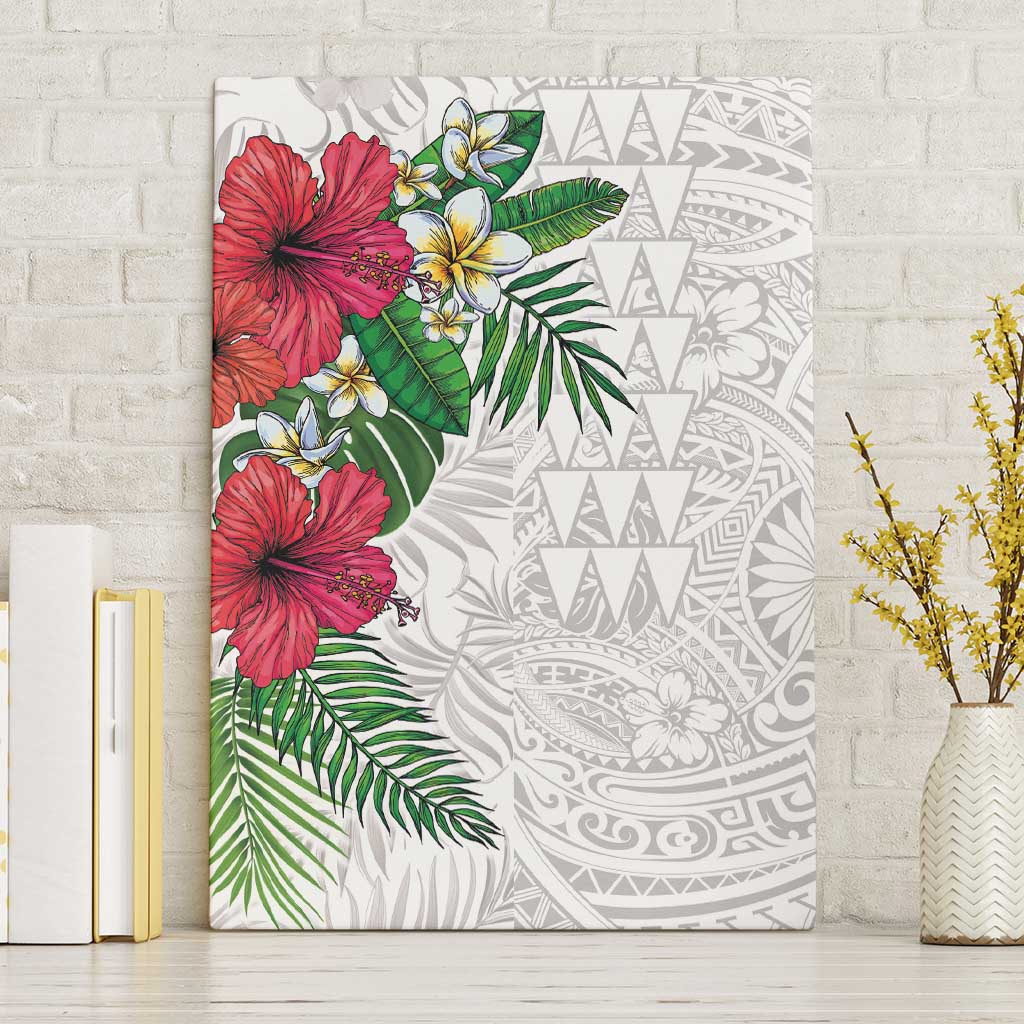 Hawaiian Tropical Plants Canvas Wall Art Kakau Tattoo and Polynesian Pattern Half White Color