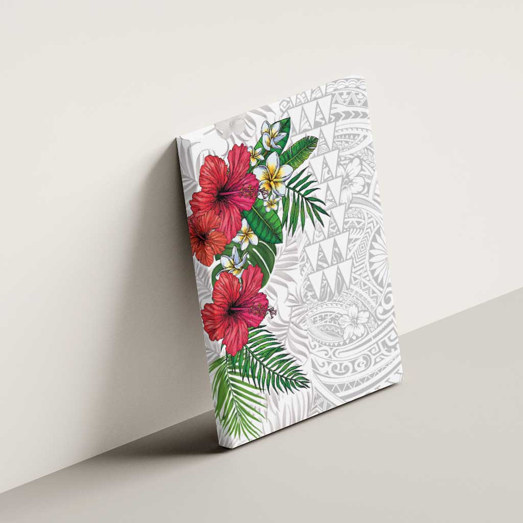 Hawaiian Tropical Plants Canvas Wall Art Kakau Tattoo and Polynesian Pattern Half White Color