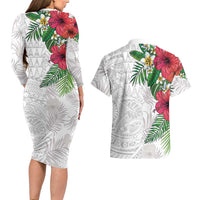 Hawaiian Tropical Plants Couples Matching Long Sleeve Bodycon Dress and Hawaiian Shirt Kakau Tattoo and Polynesian Pattern Half White Color LT03 - Polynesian Pride