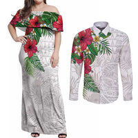 Hawaiian Tropical Plants Couples Matching Off Shoulder Maxi Dress and Long Sleeve Button Shirt Kakau Tattoo and Polynesian Pattern Half White Color LT03 White - Polynesian Pride