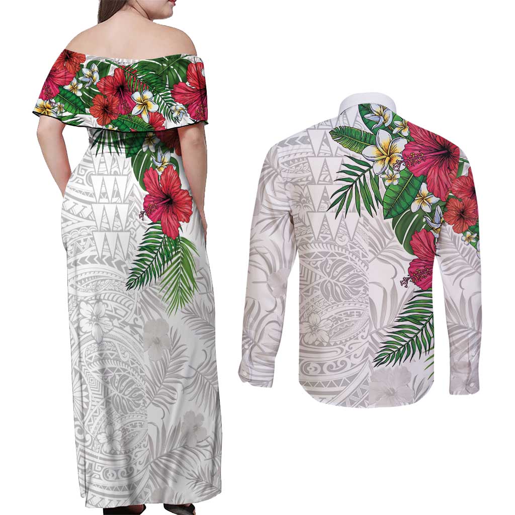 Hawaiian Tropical Plants Couples Matching Off Shoulder Maxi Dress and Long Sleeve Button Shirt Kakau Tattoo and Polynesian Pattern Half White Color LT03 - Polynesian Pride