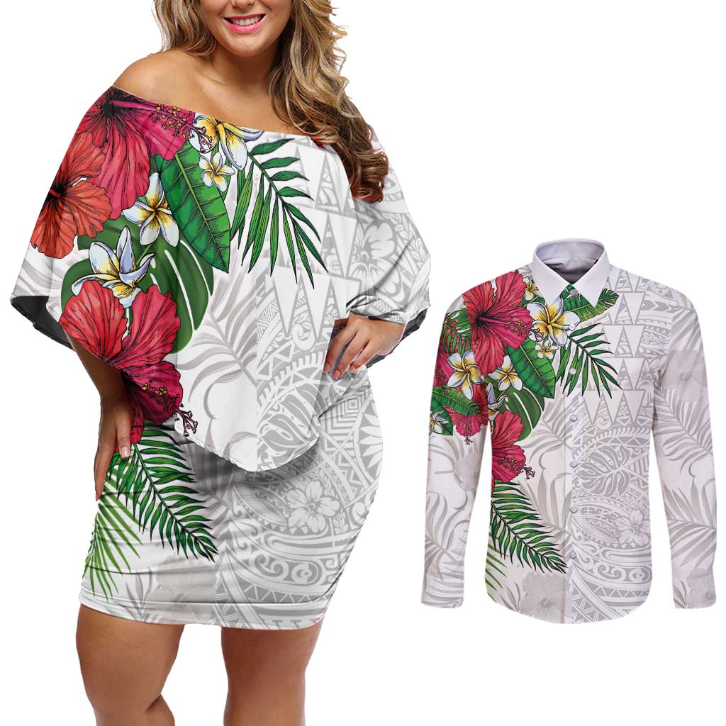 Hawaiian Tropical Plants Couples Matching Off Shoulder Short Dress and Long Sleeve Button Shirt Kakau Tattoo and Polynesian Pattern Half White Color LT03 White - Polynesian Pride