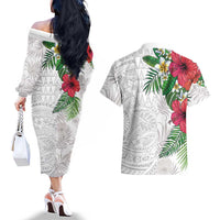 Hawaiian Tropical Plants Couples Matching Off The Shoulder Long Sleeve Dress and Hawaiian Shirt Kakau Tattoo and Polynesian Pattern Half White Color LT03 - Polynesian Pride