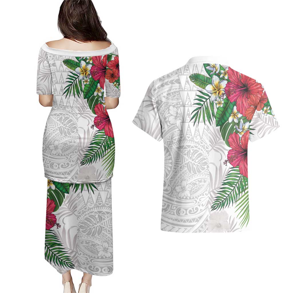 Hawaiian Tropical Plants Couples Matching Puletasi and Hawaiian Shirt Kakau Tattoo and Polynesian Pattern Half White Color LT03 - Polynesian Pride