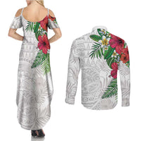 Hawaiian Tropical Plants Couples Matching Summer Maxi Dress and Long Sleeve Button Shirt Kakau Tattoo and Polynesian Pattern Half White Color LT03 - Polynesian Pride