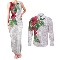 Hawaiian Tropical Plants Couples Matching Tank Maxi Dress and Long Sleeve Button Shirt Kakau Tattoo and Polynesian Pattern Half White Color LT03 White - Polynesian Pride
