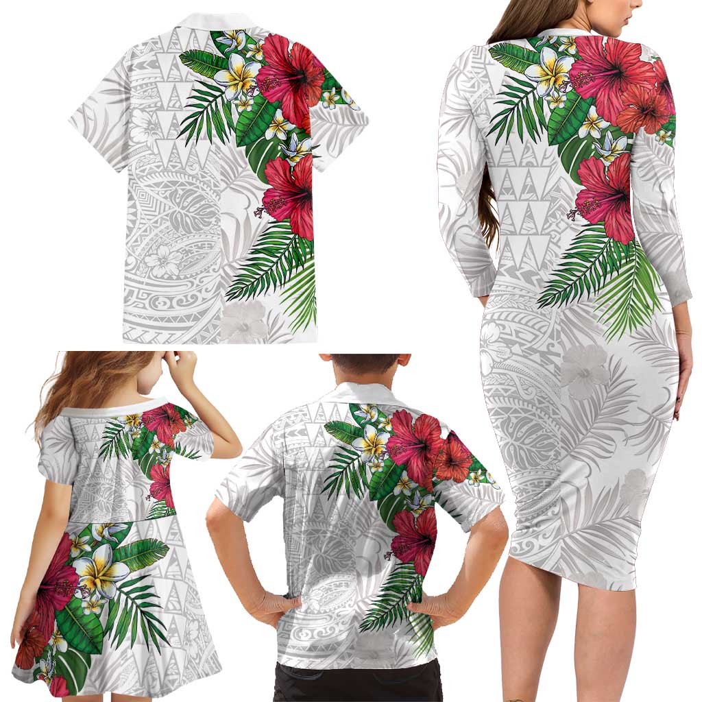 Hawaiian Tropical Plants Family Matching Long Sleeve Bodycon Dress and Hawaiian Shirt Kakau Tattoo and Polynesian Pattern Half White Color