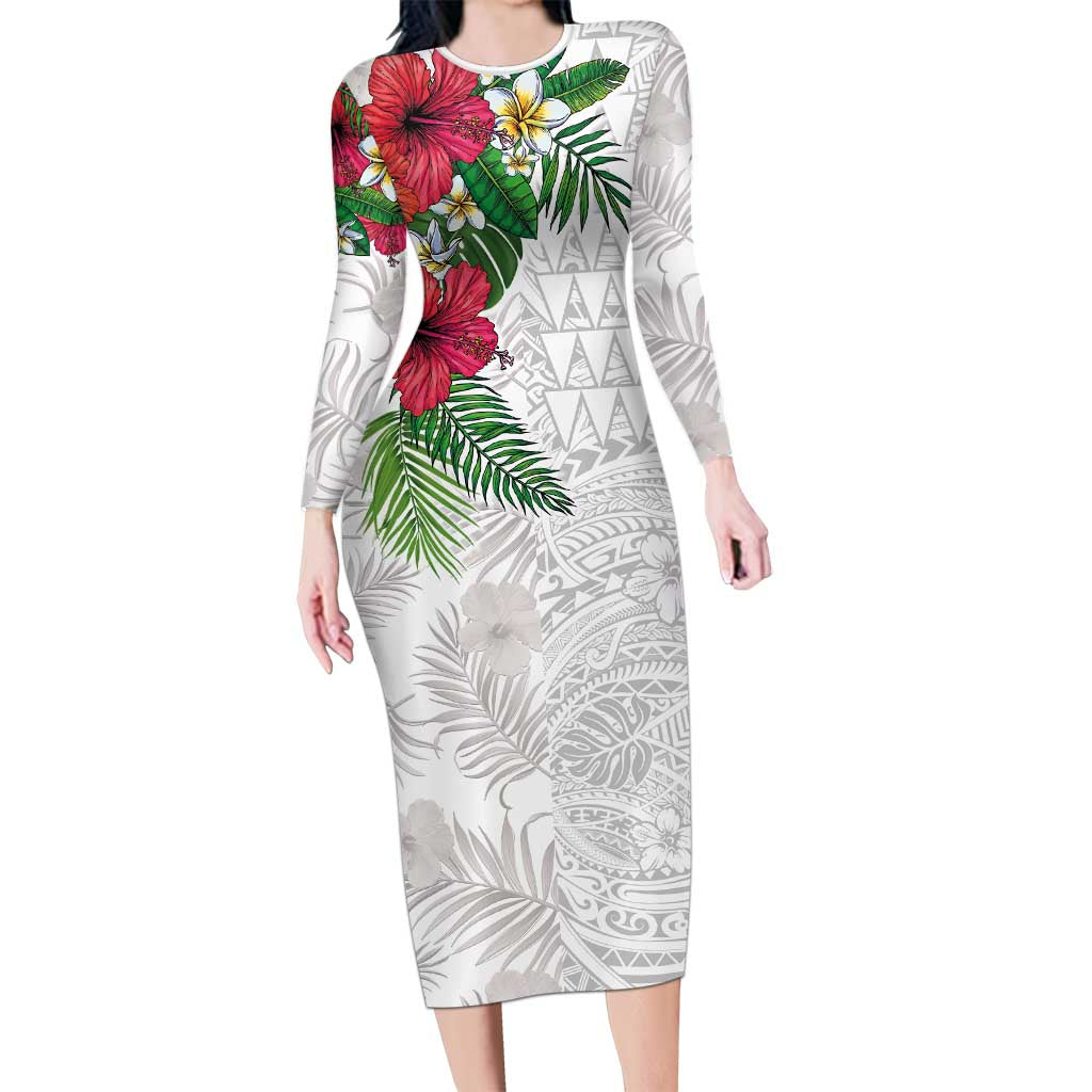 Hawaiian Tropical Plants Family Matching Long Sleeve Bodycon Dress and Hawaiian Shirt Kakau Tattoo and Polynesian Pattern Half White Color