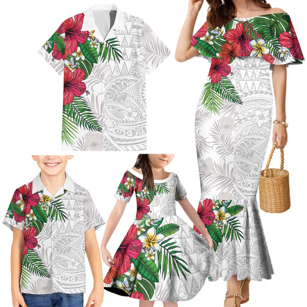 Hawaiian Tropical Plants Family Matching Mermaid Dress and Hawaiian Shirt Kakau Tattoo and Polynesian Pattern Half White Color