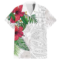 Hawaiian Tropical Plants Family Matching Off The Shoulder Long Sleeve Dress and Hawaiian Shirt Kakau Tattoo and Polynesian Pattern Half White Color