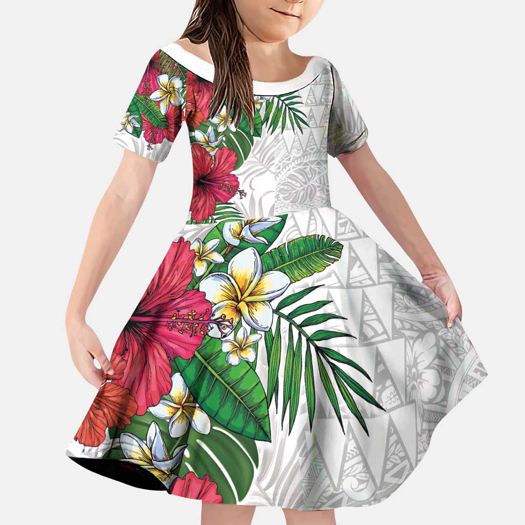 Hawaiian Tropical Plants Family Matching Off Shoulder Short Dress and Hawaiian Shirt Kakau Tattoo and Polynesian Pattern Half White Color