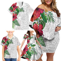Hawaiian Tropical Plants Family Matching Off Shoulder Short Dress and Hawaiian Shirt Kakau Tattoo and Polynesian Pattern Half White Color