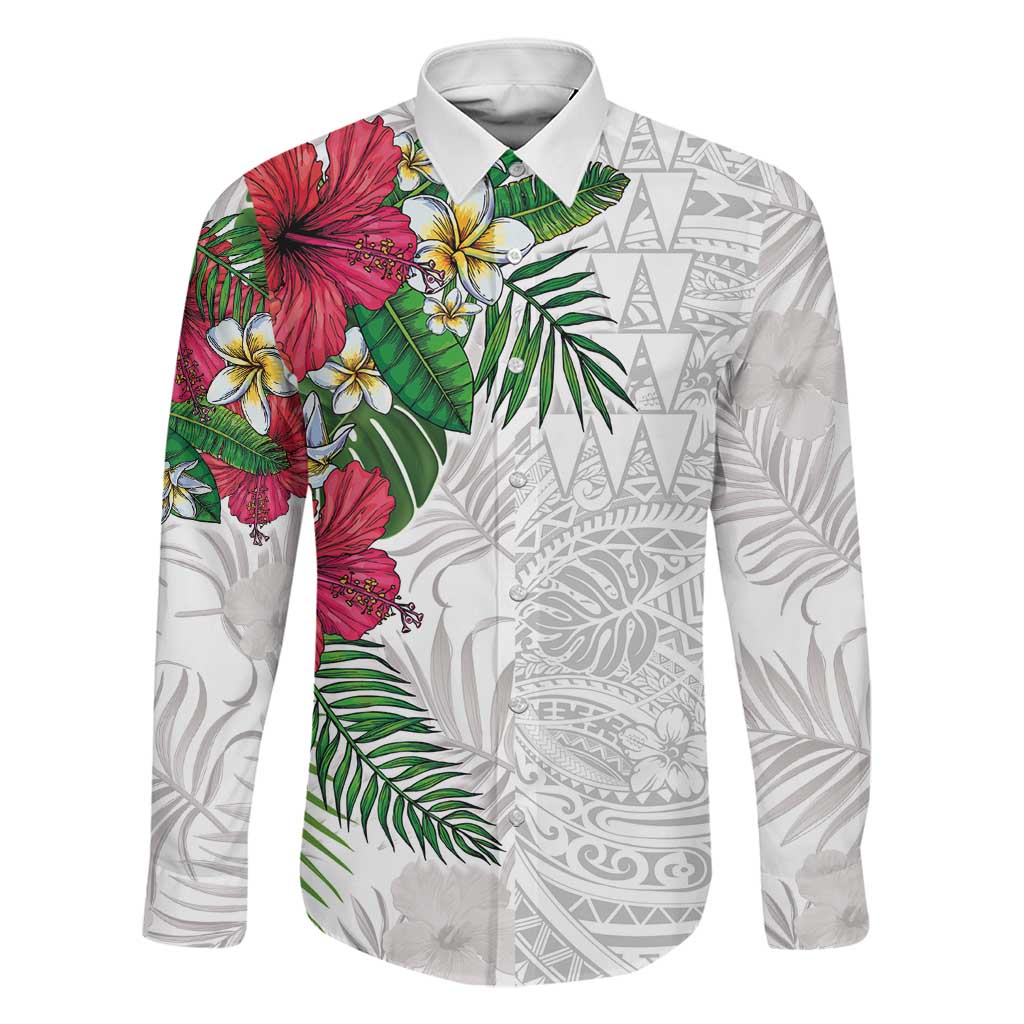 Hawaiian Tropical Plants Family Matching Off Shoulder Short Dress and Hawaiian Shirt Kakau Tattoo and Polynesian Pattern Half White Color