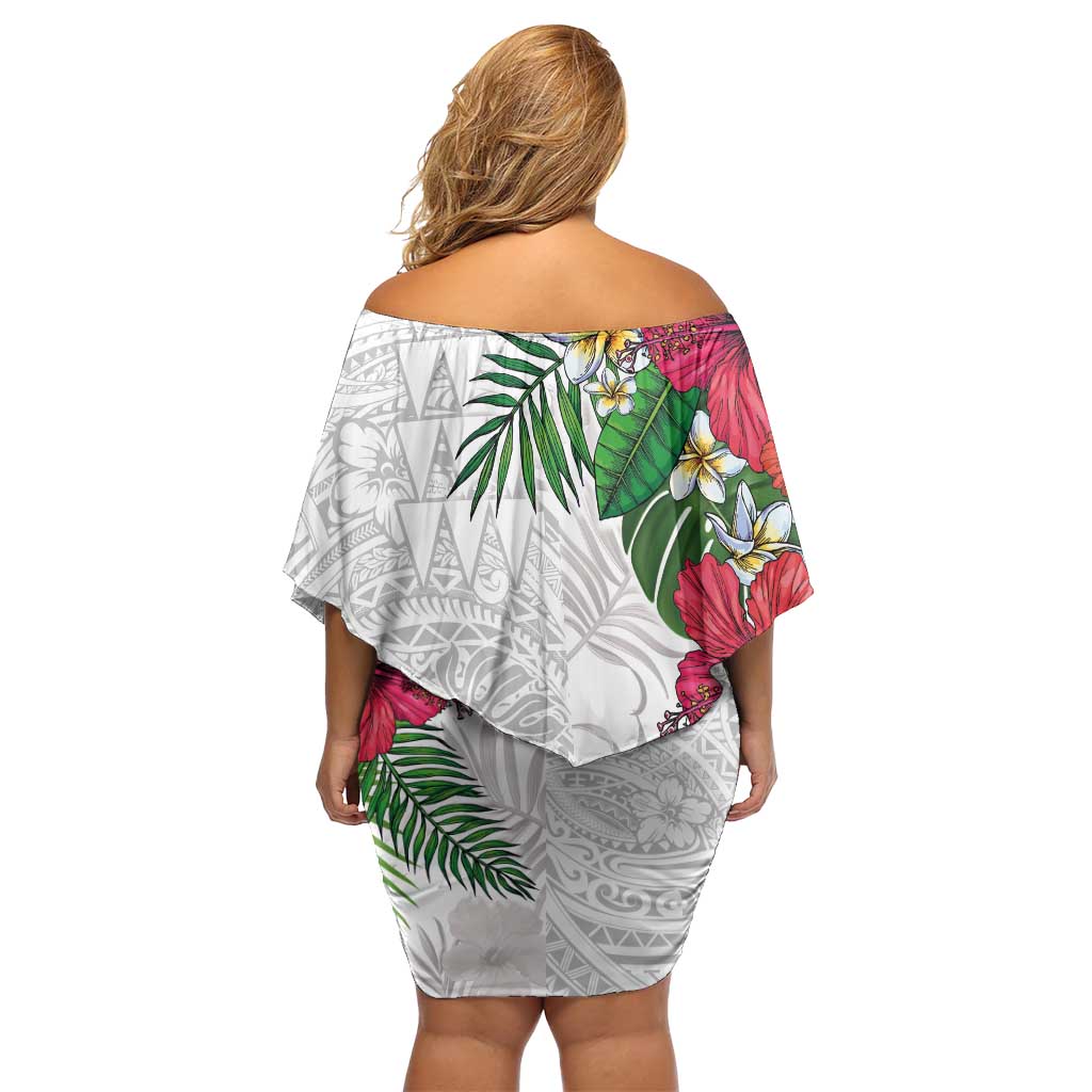 Hawaiian Tropical Plants Family Matching Off Shoulder Short Dress and Hawaiian Shirt Kakau Tattoo and Polynesian Pattern Half White Color
