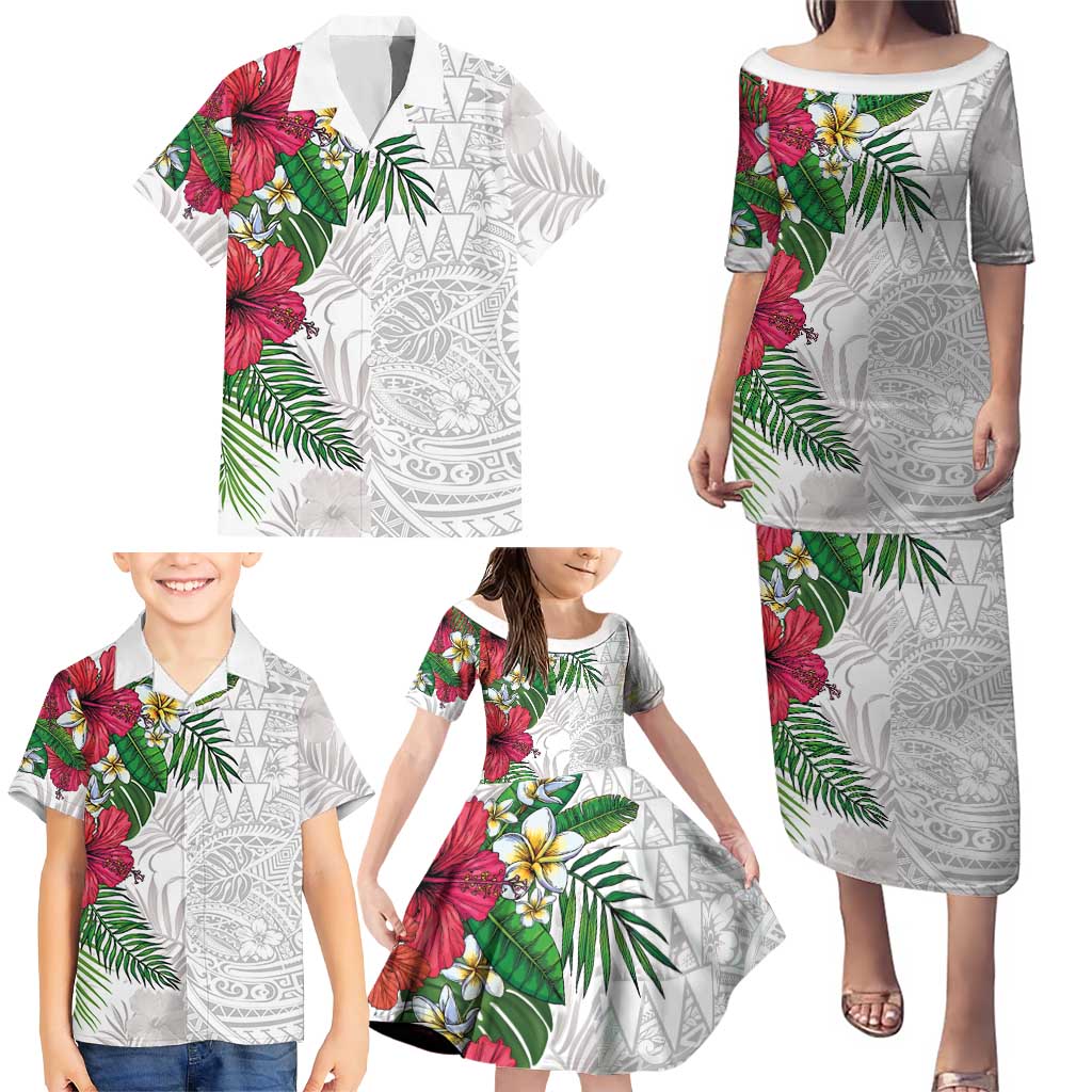Hawaiian Tropical Plants Family Matching Puletasi and Hawaiian Shirt Kakau Tattoo and Polynesian Pattern Half White Color LT03 - Polynesian Pride