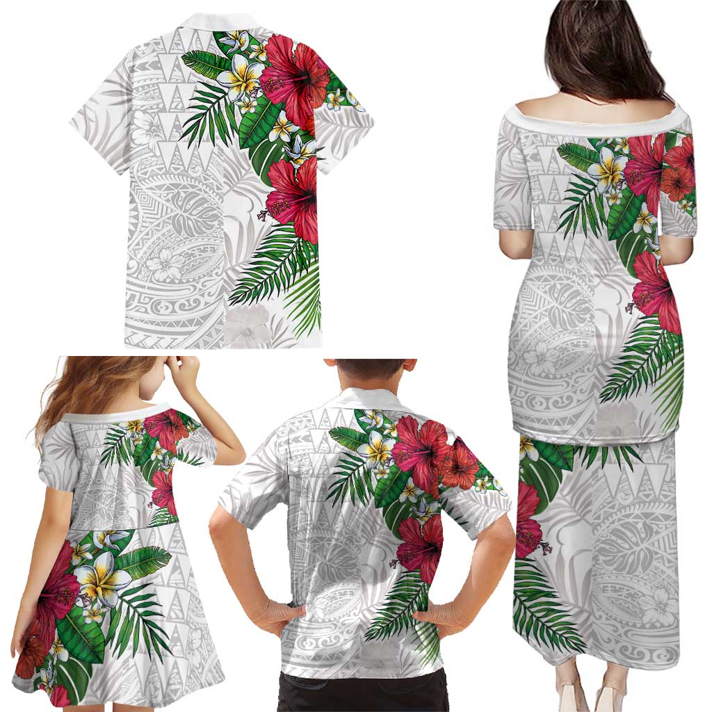 Hawaiian Tropical Plants Family Matching Puletasi and Hawaiian Shirt Kakau Tattoo and Polynesian Pattern Half White Color LT03 - Polynesian Pride