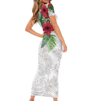 Hawaiian Tropical Plants Family Matching Short Sleeve Bodycon Dress and Hawaiian Shirt Kakau Tattoo and Polynesian Pattern Half White Color LT03 - Polynesian Pride