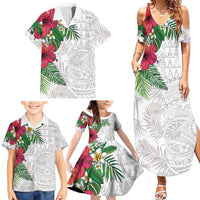 Hawaiian Tropical Plants Family Matching Summer Maxi Dress and Hawaiian Shirt Kakau Tattoo and Polynesian Pattern Half White Color