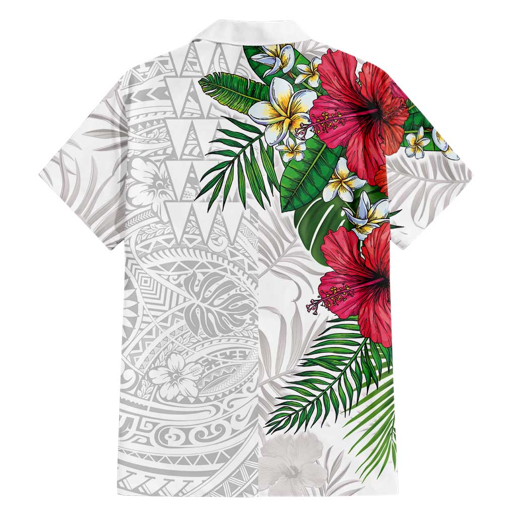 Hawaiian Tropical Plants Family Matching Summer Maxi Dress and Hawaiian Shirt Kakau Tattoo and Polynesian Pattern Half White Color
