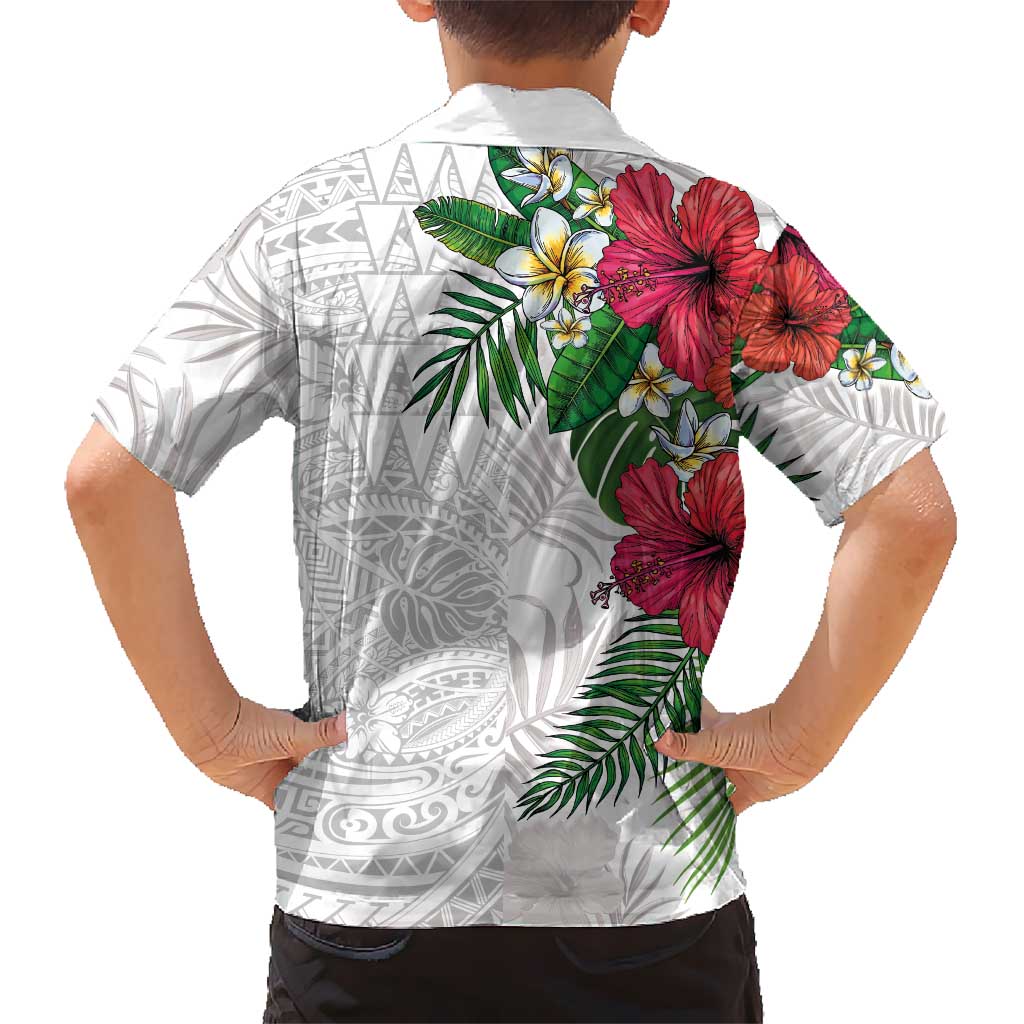 Hawaiian Tropical Plants Family Matching Tank Maxi Dress and Hawaiian Shirt Kakau Tattoo and Polynesian Pattern Half White Color