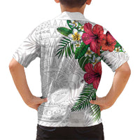 Hawaiian Tropical Plants Family Matching Tank Maxi Dress and Hawaiian Shirt Kakau Tattoo and Polynesian Pattern Half White Color