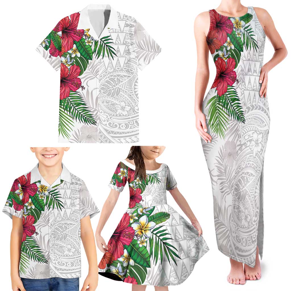 Hawaiian Tropical Plants Family Matching Tank Maxi Dress and Hawaiian Shirt Kakau Tattoo and Polynesian Pattern Half White Color