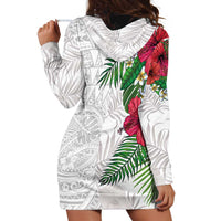 Hawaiian Tropical Plants Hoodie Dress Kakau Tattoo and Polynesian Pattern Half White Color