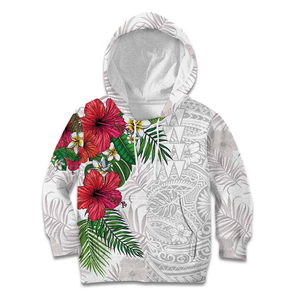 Hawaiian Tropical Plants Kid Hoodie Kakau Tattoo and Polynesian Pattern Half White Color