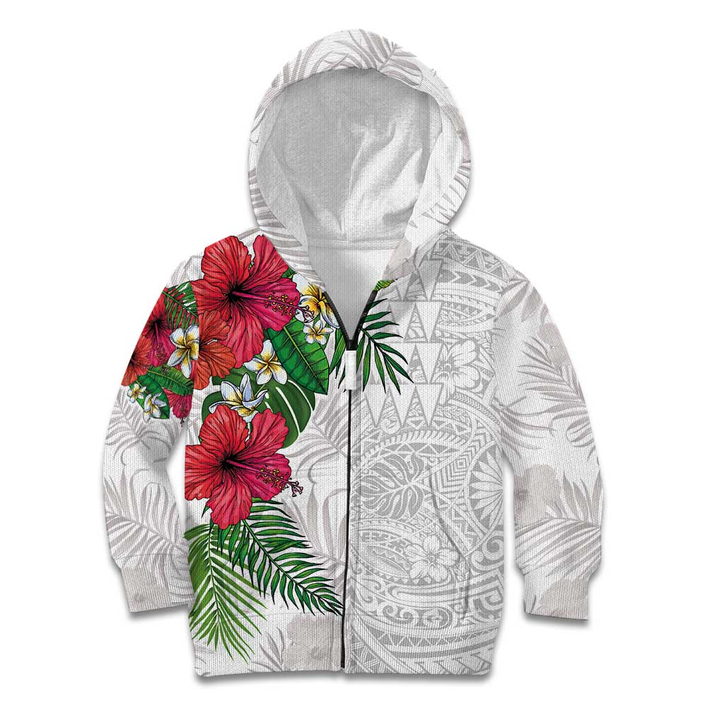 Hawaiian Tropical Plants Kid Hoodie Kakau Tattoo and Polynesian Pattern Half White Color LT03 Zip Hoodie White - Polynesian Pride