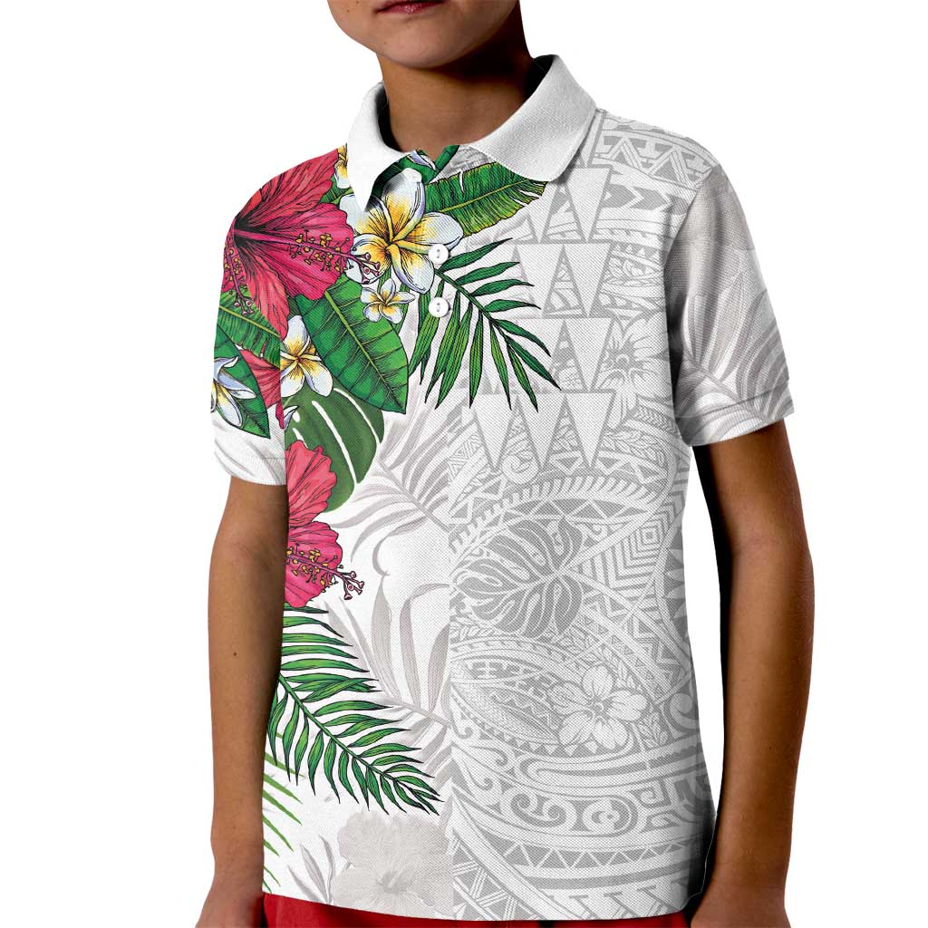 Hawaiian Tropical Plants Kid Polo Shirt Kakau Tattoo and Polynesian Pattern Half White Color