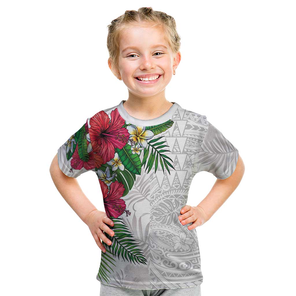 Hawaiian Tropical Plants Kid T Shirt Kakau Tattoo and Polynesian Pattern Half White Color LT03 White - Polynesian Pride