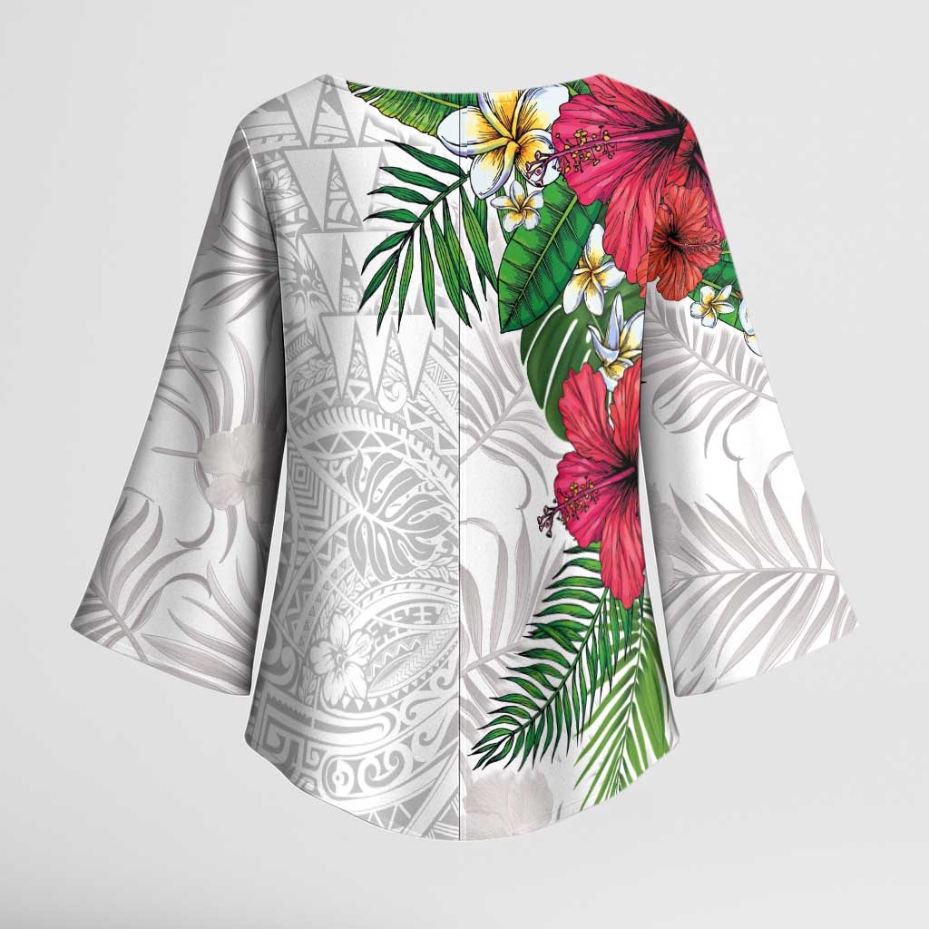 Hawaiian Tropical Plants Kimono Sleeve Blouse Kakau Tattoo and Polynesian Pattern Half White Color