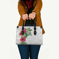 Hawaiian Tropical Plants Leather Bag Kakau Tattoo and Polynesian Pattern Half White Color