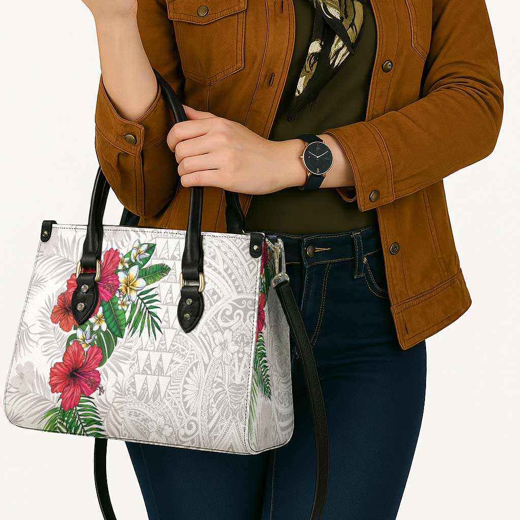 Hawaiian Tropical Plants Leather Bag Kakau Tattoo and Polynesian Pattern Half White Color